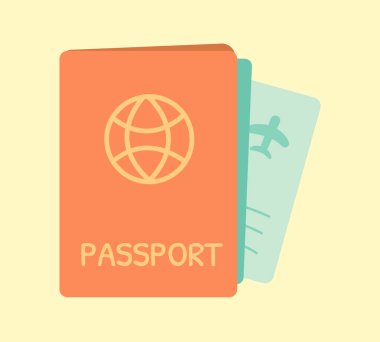 İçinde seyahat bileti olan kırmızı bir pasaportun düz çizimi. Seyahat, tatil, uluslararası geziler ve turizmle ilgili tasarımlar için mükemmel.