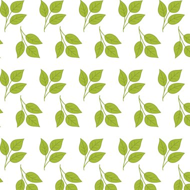 Kusursuz yeşil yapraklar. Tekrarlayan yaprak dallarıyla basit düz botanik tasarımı. Kumaş, ambalaj kağıdı, geçmiş ve çevre dostu projeler için mükemmel..
