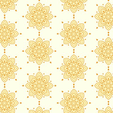 Işık arka planında altın mandala çiçekleri olan kusursuz süs deseni. Kumaş, duvar kağıdı, ambalaj ve yüzey tasarımı için dekoratif tasarım.