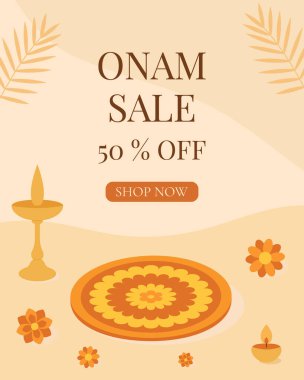 Onam festival afiş tasarımı çiçek rangoli, lambalar, yapraklar ve yüzde 50 indirimli alışveriş destekli şenlik dekorasyonları mevsimlik tanıtım sunuyor.