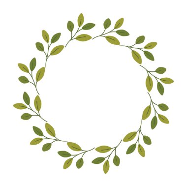 Düz stil yeşil yapraklı çelenk çerçevesi beyaz arkaplanda. Kartlar, davetiyeler, dekorasyon ve doğal şablonlar için minimal botanik daire tasarımı.