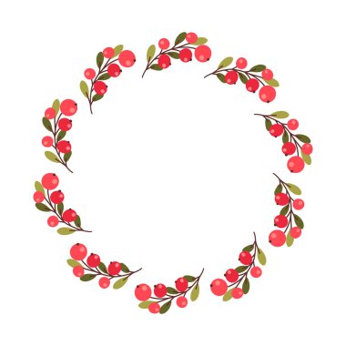 Kırmızı böğürtlen ve yeşil yapraklardan yapılmış yassı sonbahar çelengi. Davetiyeler, tebrik kartları, düğün tasarımı, posterler, çıkartmalar ve tatil projeleri için dekoratif mevsimlik çerçeve. Beyaz arkaplanda zarif botanik çizimler.