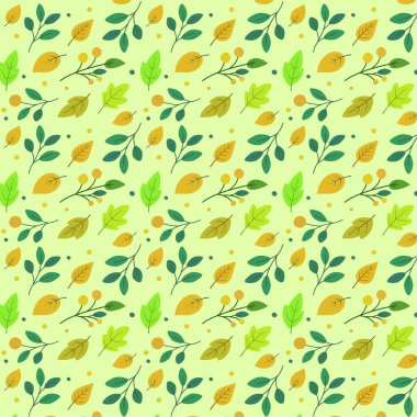 Yeşil ve sarı yapraklı, düz bir botanik deseni var. Açık yeşil arka planda dalları, böğürtlenleri ve noktaları olan parlak yapraklar. Tekstil tasarımı, ambalaj kağıdı, duvar kâğıtları, kırtasiye, sonbahar dekorasyonu ve dijital için mükemmel.