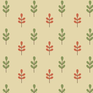 Yeşil ve kırmızı dalları olan dikişsiz bir sonbahar deseni. Bej arka planda minimalist İskandinav tarzı tasarım.