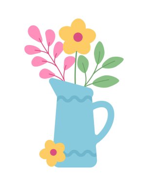 Çiçekler ve beyaz arka planda yapraklarla süslenmiş mavi bir sürahinin şirin düz çizgi film çizimi.