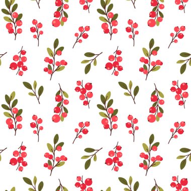 Cute seamless background with red berries and green branches, simple flat illustration for autumn and winter design