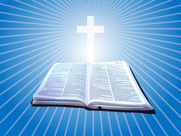 Kreuz Und Heilige Bibel Mit Blauem Himmel Hintergrund Die Bibel — Stockvektor