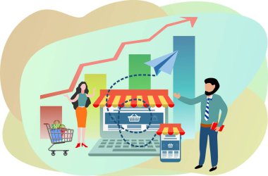 Çevrimiçi satış veya satış kavramı, başarılı dükkan, satışlardaki büyüme, küçük işletme veya perakende satış mağazası, açık dükkan veya çevrimiçi mağaza kavramı, mağazası ve çevrimiçi mağazası olan işadamı