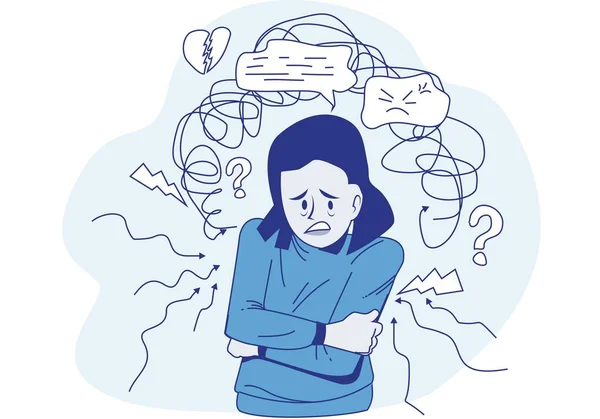 不安の危機 精神障害 精神的混乱 うつ病に苦しむ女性 複雑な問題を解決しようとする女性 — ストックベクタ