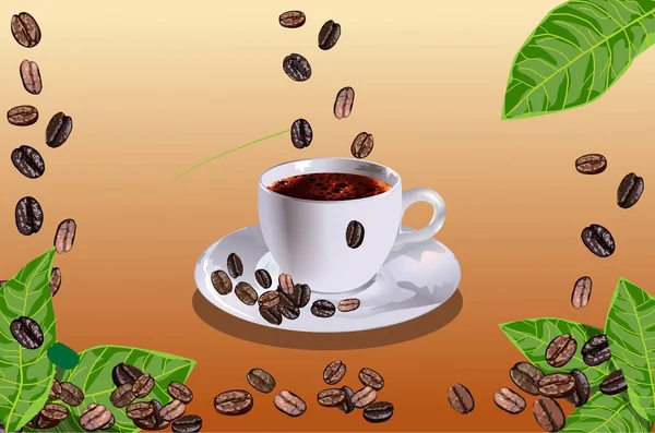 Ilustracja Międzynarodowy Dzień Kawy Filiżanką Spadające Ziarna Kawy Ilustracja Wektor — Wektor stockowy