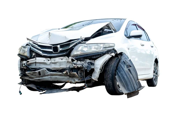 Front and side of white car get damaged by accident on the road. damaged cars after collision. isolated on white background with clipping path