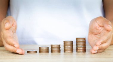 Para biriktirme kavramı, kadınların el koruması para yığını büyüyen çalı yığını, gelecek plan için para biriktirme ve para biriktirme..