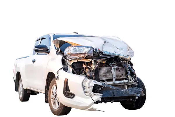 Car crash, Front and Side view of white pickup car get hard damaged by accident on the road. damaged cars after collision. isolated on white background with clipping path