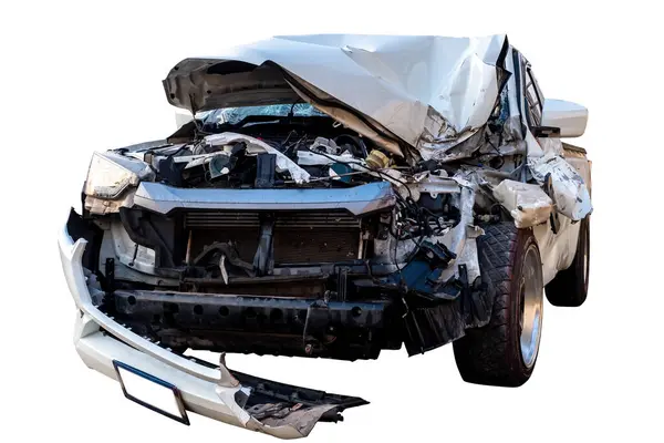Car crash, Front and Side view of white pickup car get hard damaged by accident on the road. damaged cars after collision. isolated on white background with clipping path