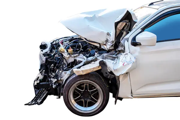 Car crash, Front and side view of white car get damaged by accident on the road. damaged cars after collision. Isolated on white background with clipping path, car crash broken