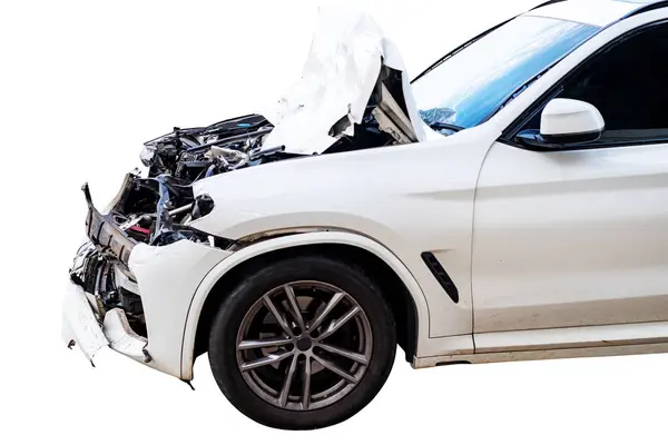 Car crash, Front and side view of white car get damaged by accident on the road. damaged cars after collision. Isolated on white background with clipping path, car crash broken