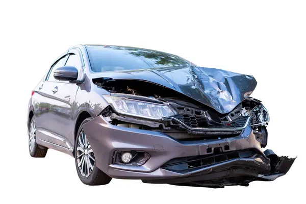 Car crash, Front and side view of modern black car get damaged by accident on the road. damaged cars after collision. isolated on white background with clipping path include