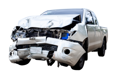 Gri ya da bronz pikabın önü yolda kazara hasar görür. Çarpışmadan sonra hasar gören arabalar. Şeffaf arkaplanda izole edilmiş, PNG dosya biçimi