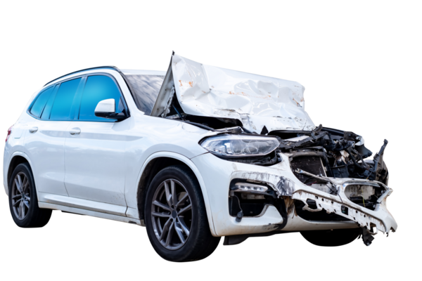 Beyaz arabanın ön ve yan görüntüsü yolda kaza sonucu hasar gördü. Çarpışmadan sonra hasar gören arabalar. Şeffaf arkaplanda izole, araba kazası, PNG Dosyası