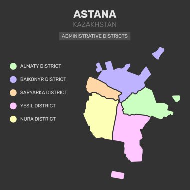 Hand drawn color map of Astana capital of Kazakhstan with administrative districts with names vector on dark gray background clipart