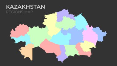 İdari bölgelere sahip Kazakistan vektör haritası çizimi ve koyu gri arka planda pastel renklere sahip sermaye