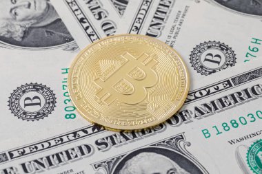 Amerikan doları banknotlarındaki bitcoinler, yakın plan. Elektronik merkeziyetçi para konsepti. İş ve mali konsept.