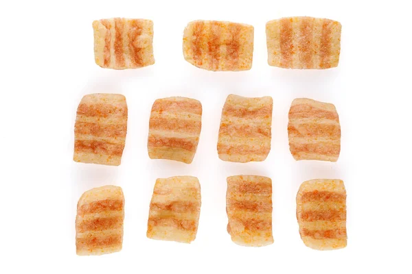 Chips Salgado Bacon Snack Close Fundo Branco Vista Superior — Fotografia de Stock