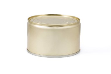 Metal teneke kutu beyaz arkaplanda izole edilmiş. Tam alan derinliği. Kapat.