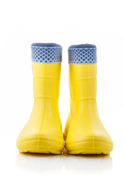 Yellow Rubber Boots Isolated White Background Kids Shoes Full Depth — Stock Photo, Image