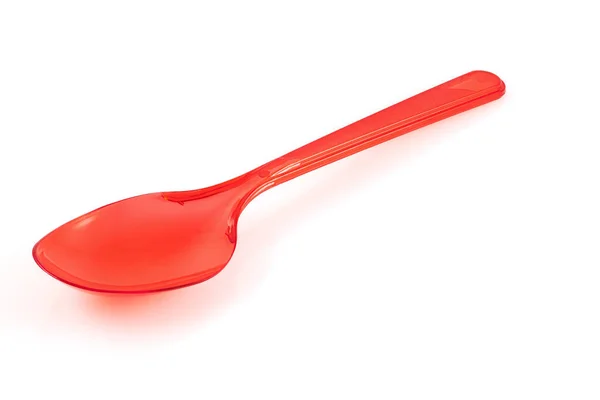 Disposable Red Plastic Spoon Isolated White Background Close Full Depth — Stock Photo, Image