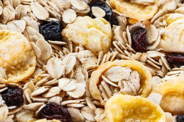 Pile Muesli Breakfast Oat Flakes Raisins Close View Concept Healthy — Stock Photo, Image