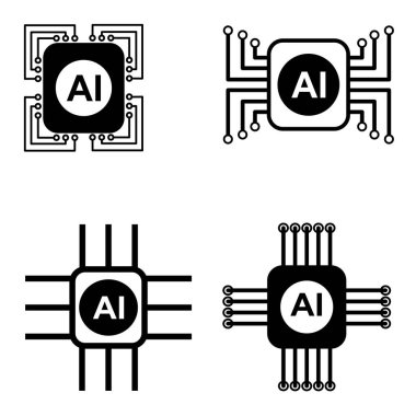 Gelecekteki teknolojinin çeşitli formlarının yapay zeka simgelerinin vektör çizimi