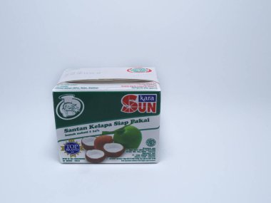 Surabaya-23 Eylül 2023: Kara Güneş yazan bir kutuda hindistan cevizi sütü ya da santanın izole edilmiş beyaz fotoğrafı