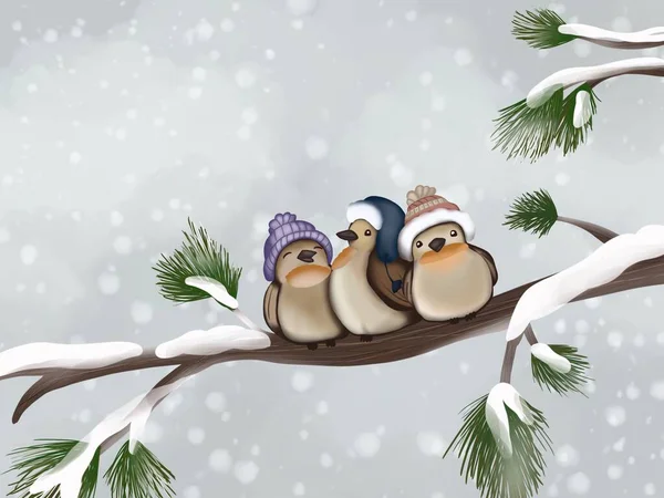 Graficzna Ilustracja Uroczych Ptaszków Zimą Drzewie Pomysł Plakat Świąteczny Książki — Zdjęcie stockowe