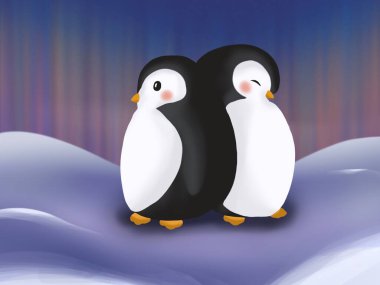 Kışın kuzey ışıklarıyla sıcak penguenlerin grafiksel çizim sanatı. Arkaplan, baskı, kitaplar, çizgi film, çocuk olayları için fikir 