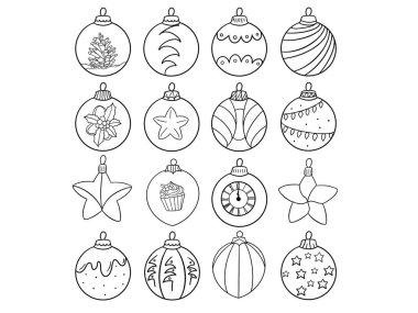 Noel kış koleksiyonu cam kürelerin siyah beyaz çizimi. Çizim kitabı, kitap, simge, çıkartma, baskı, çocuk sanatı için fikir