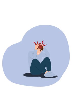 Acı verici baş ağrısı olan bir adamın otururken ve kafasını tutarken grafiksel çizim tasarımı. Tıp sanatı, baskı, kitaplar, simge, çıkartmalar, afiş, arkaplan