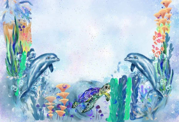 五彩斑斓的海洋动物 有礁石和海贝壳 儿童艺术 横幅的创意 — 图库照片