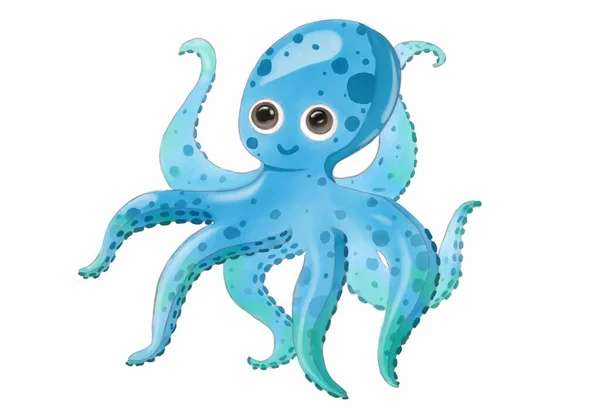 かわいい青い海イカ タコの水彩イラスト アイコン 子供漫画 本のアイデア — ストック写真