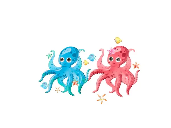 卡通可爱的夫妇章鱼蓝色和红色 婴儿淋浴 儿童艺术 印刷品等概念 — 图库照片