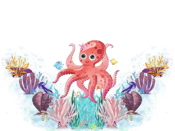 色彩斑斓 可爱的章鱼与海贝壳的图解 儿童艺术 图标的概念 — 图库照片