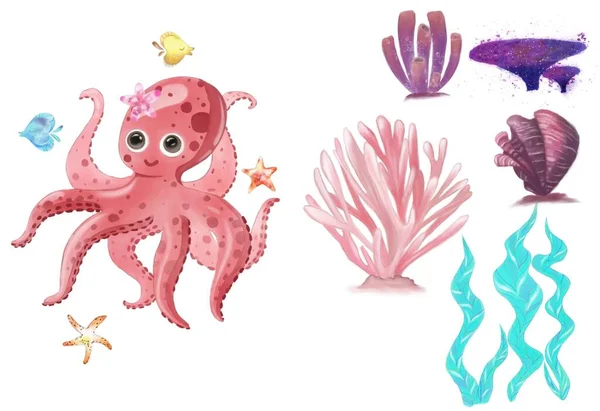 红色章鱼的水彩海元素图解 装饰概念 儿童艺术 印刷品 — 图库照片
