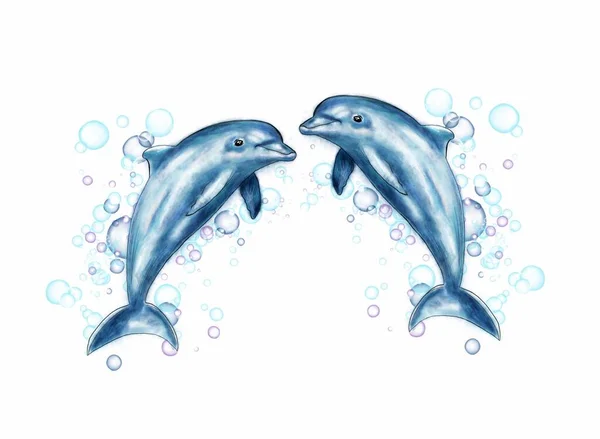 一对蓝色水彩画海豚的图解 印刷品 婴儿生日 卡通画等概念 — 图库照片
