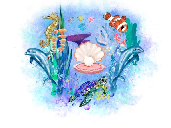 海のサンゴ礁の動物のグラフィックイラスト 子供の本 アート ステッカー 誕生日 バナーのアイデア — ストック写真