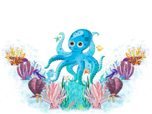 蓝色章鱼与珊瑚礁和海贝壳的图解 婴儿艺术 印刷品 贴纸的创意 — 图库照片