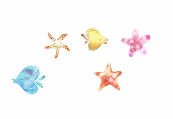 海鱼和星星的图解 漫画或儿童艺术的概念 — 图库照片
