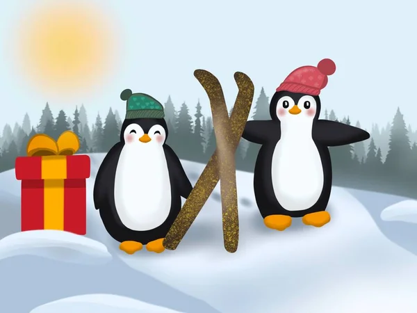 Graficzna Ilustracja Dwóch Pięknych Pingwinów Słoneczną Zimę Pomysł Tło Druk — Zdjęcie stockowe