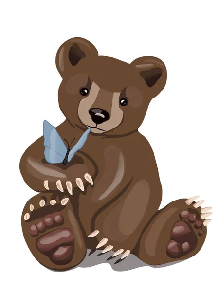 Grafikus Illusztráció Kis Medvéről Pillangóval Ötlet Történet Könyvek Rajzfilm Gyerekek — Stock Fotó