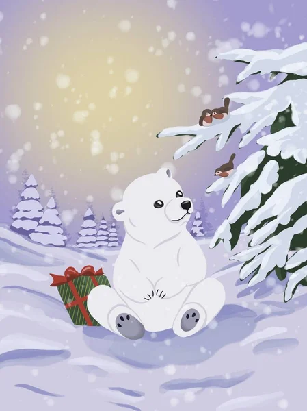 Graphic illustration of Christmas moment white little bear with birds and gift. Idea for story, books, icon, cartoon, childrens art, background, poster, banner
