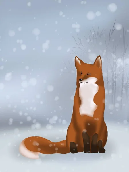Γραφική Απεικόνιση Της Άγριας Αλεπούς Χιονισμένο Χειμώνα Ιδέα Για Αφίσα — Φωτογραφία Αρχείου